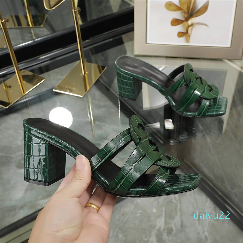

Fashion designer style women's flat sandals Summer thick soled fashionable elegant high-heeled shoes anti-skid rubber soled half slippers 42, 43, 44 large women's shoes, Hunter green flat heel