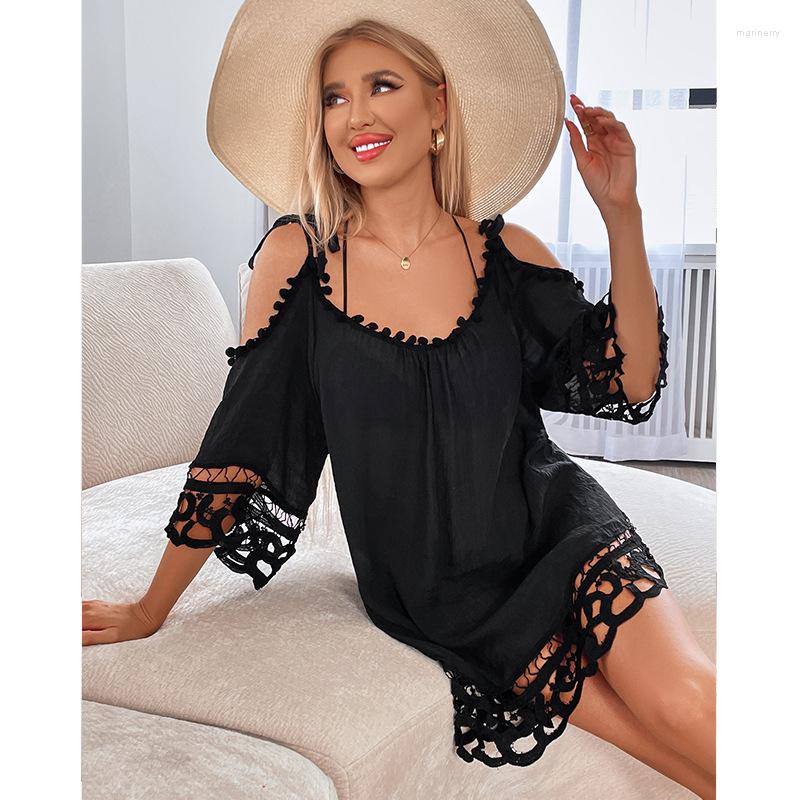 

Women's Swimwear Sexy Hollowed Out Lace Up Shoulder Straps Beach Dress Fashion Solid Color Leisure Vacation Sunscreen Swimsuit Cover, White