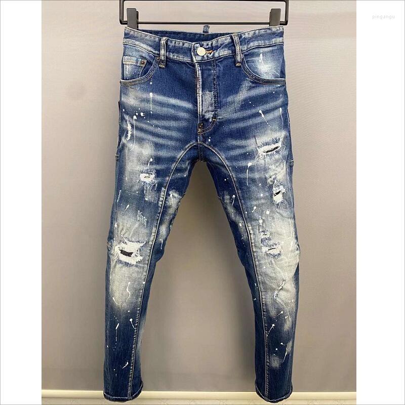 

Men's Jeans Men's Fashion Denim Fabric Pants Trendy Casual Slim Moto&Biker High Street Hole Spray Paint A603