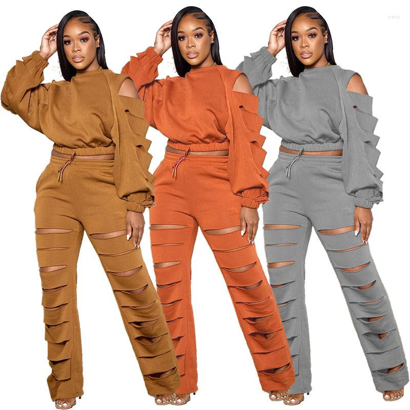 

Women' Two Piece Pants Two-piece Women' Sweater Set Solid Round Neck Long Sleeve Hole Casual Fashion Sports Suit, Gray