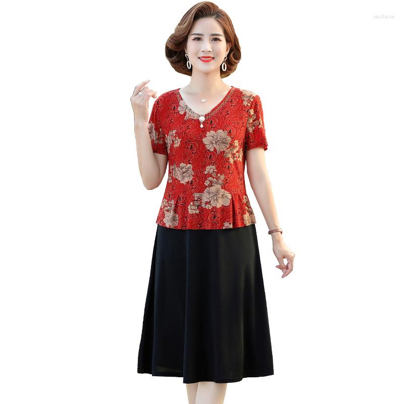 

Casual Dresses 2023 Summer Middle Aaged Women Flower Print Mother Fashion Midi Dress Female Causal Short Sleeve Vestitos 5XL, Burgundy