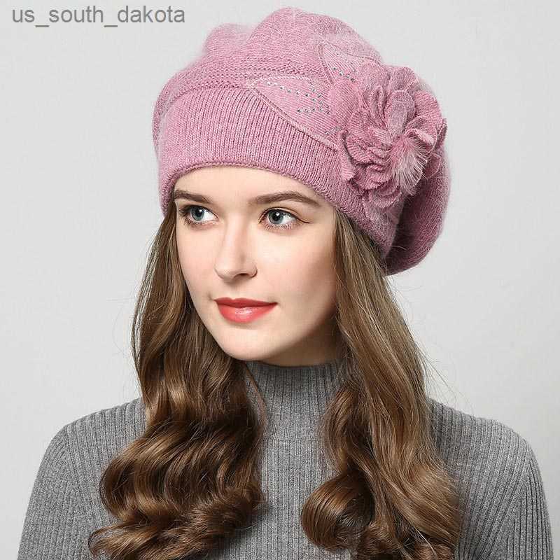 

Beret Hat Femme Women Berets Cotton Wool Brand Knitted Beanie Fashion Flower Autumn Winter Hats For Women Caps L230523, Apricot color