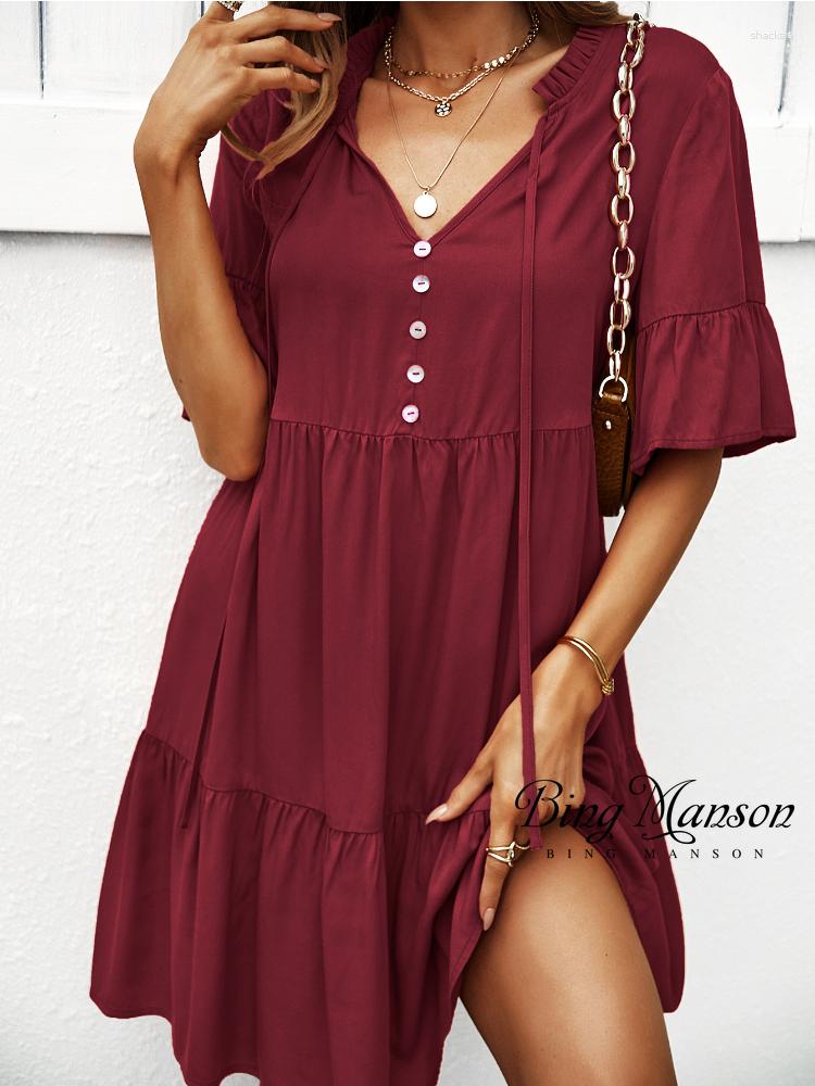 

Casual Dresses 2023 Summer Solid Short Skirt Women's One Chest Half Sleeve A-line High Temperament Party Dress, Burgundy