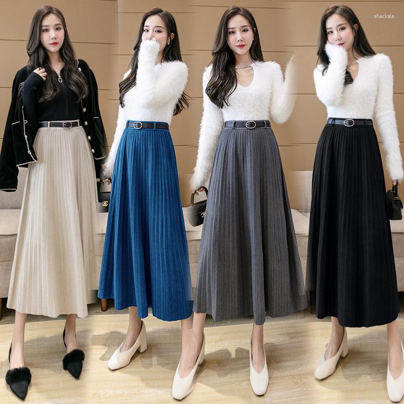 

Skirts Autumn Winter Long Knitted Skirt High Waist Pleated Fashion A Line Faldas Largas Mujer Jupe Longue Femme Office, Black