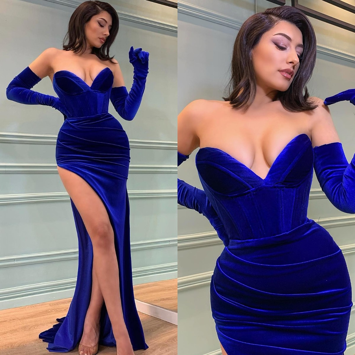 

Sexy Royal Blue Prom Dresses Velvet Sweetheart Evening Gowns Slit Pleats Formal Red Carpet Long Special Occasion dress, Customize