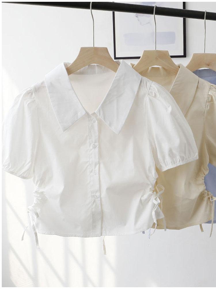 

Women's Blouses ZOKI Button Up Women Shirts Puff Sleeve Summer White Ladies Crop Tops Fashion Lace Turn Down Collar Female, Beige