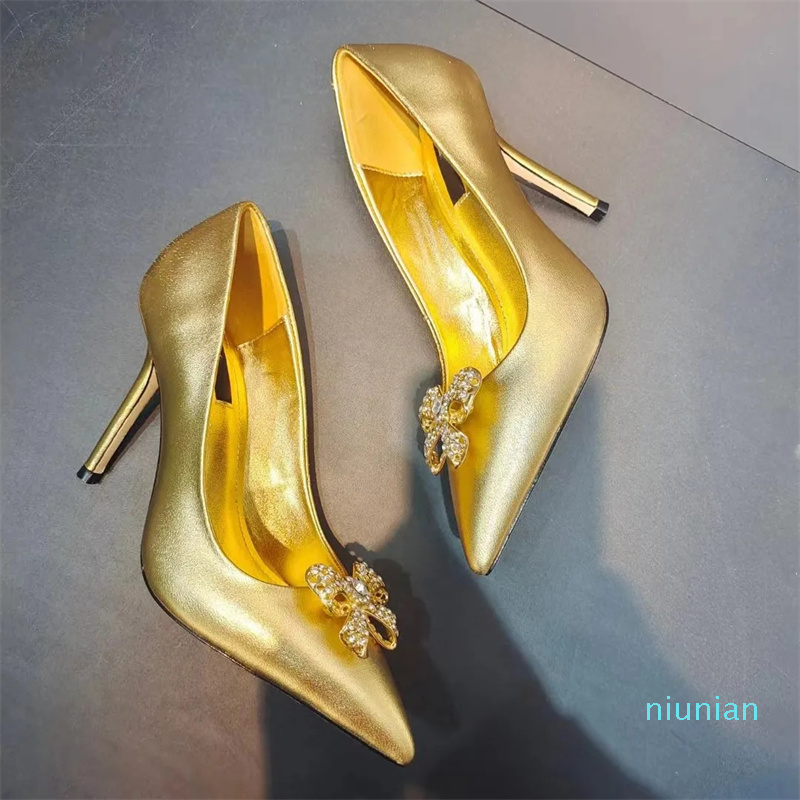 

bowknot rhinestone Dress Shoe Factory Footwear 10Mm Black Leather High-Heeled Stiletto Pointed Toes Heels Luxury Designers Women's formal shoes, 12+smooth surface