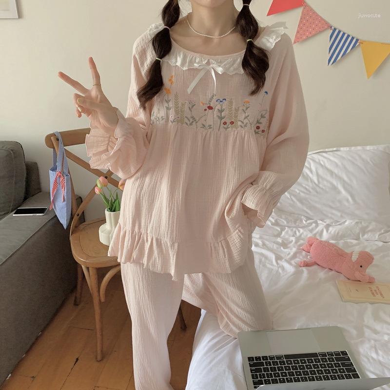

Women's Sleepwear Women Princess French Style Flower Embroidery Pajama Set Vintage Ladies Girl Cotton Crepe Pyjamas Nightwear, Pink