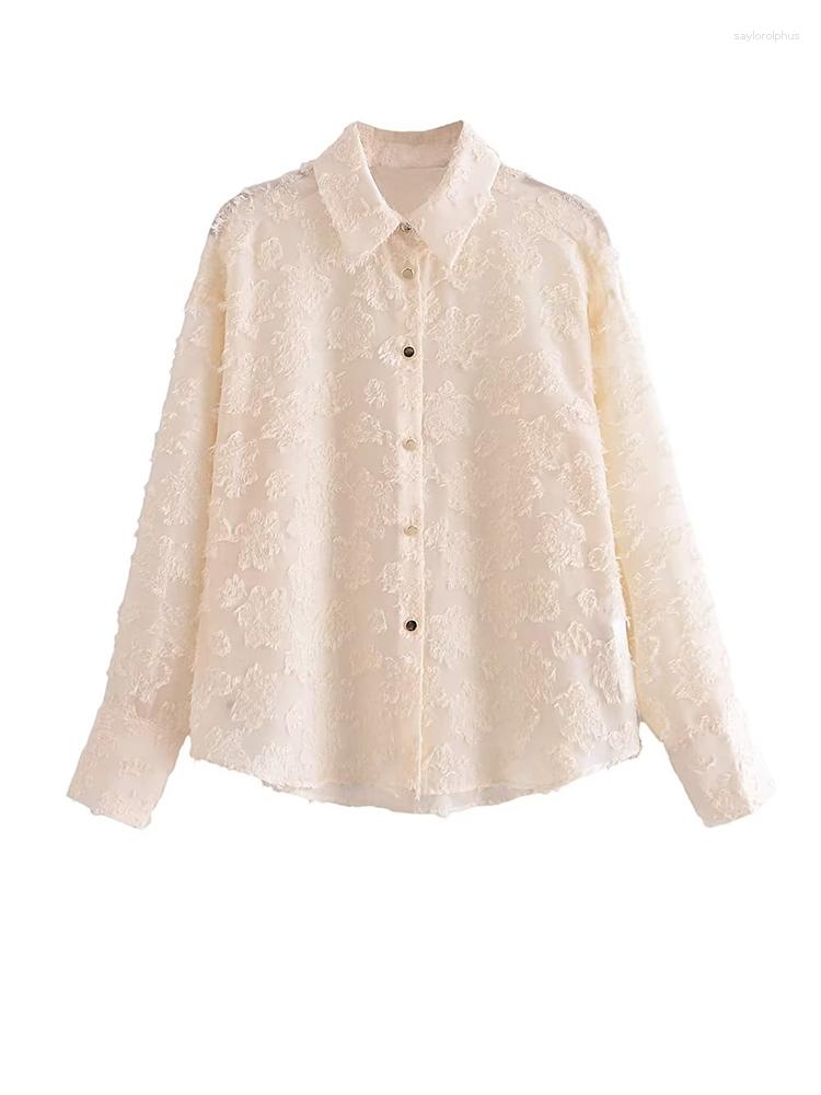 

Women' Blouses Women Long Sleeve Jacquard Shirt Spring Autumn Single Breasted Casual Beige Tops