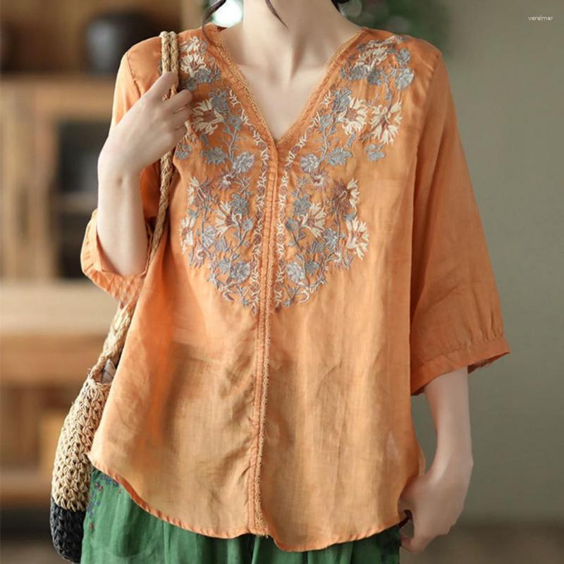 

Women's Blouses -5XL V-Neck Summer Oversized Women Shirt Half Sleeve Lace Trim Thin Embroidery Flower Print Retro Elegant Top Blusas, Green