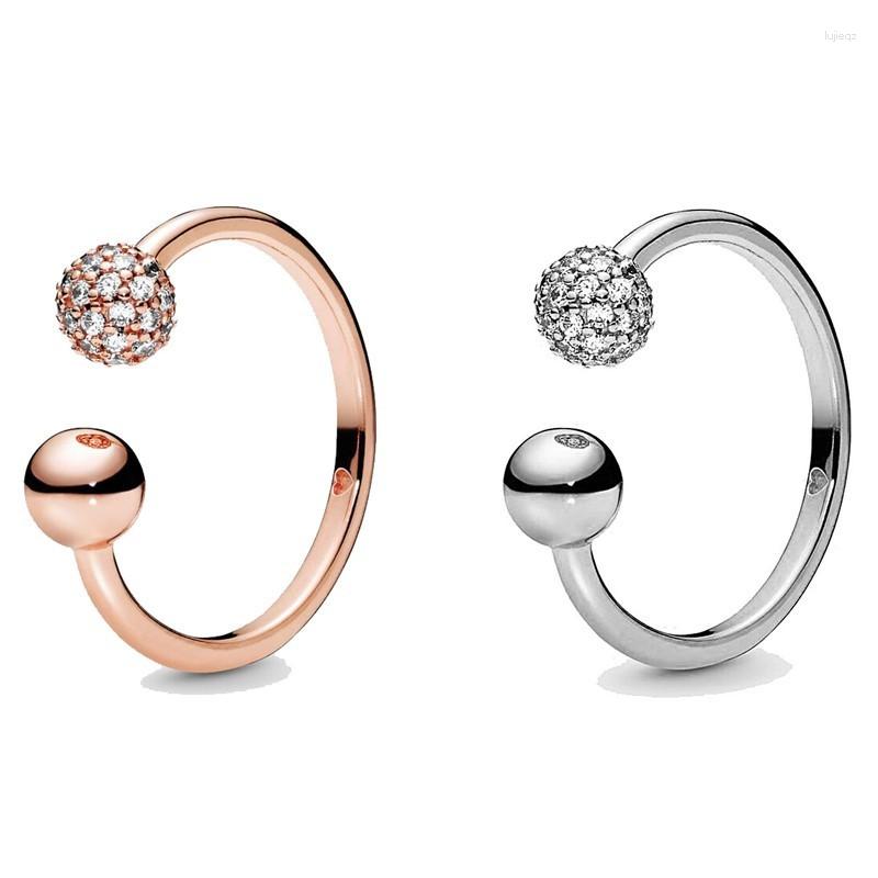 

Cluster Rings Original Moments Rose Polished & Pave Bead Open Ring For Women 925 Sterling Silver Wedding Gift Fashion Jewelry