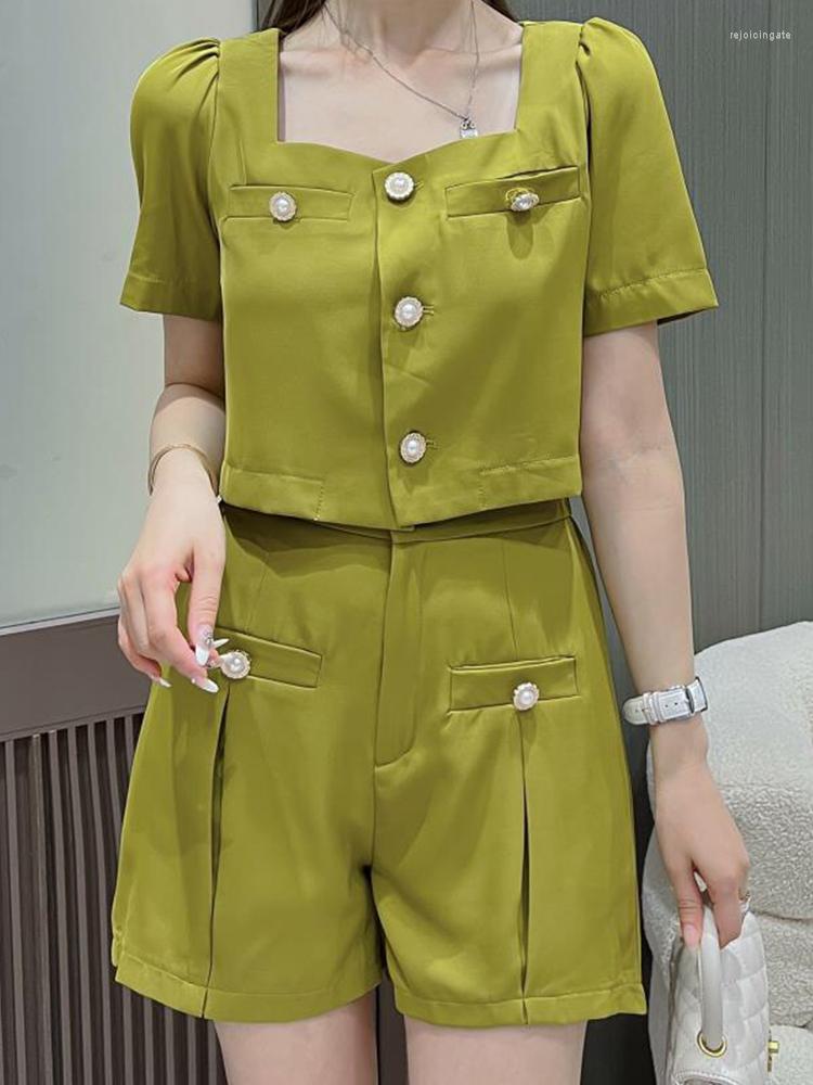 

Women' Tracksuits Casual Two-Piece Square Collar Single-Breasted Short Top Shorts Set 2023 Summer Korean Fashion Clothing, The picture color