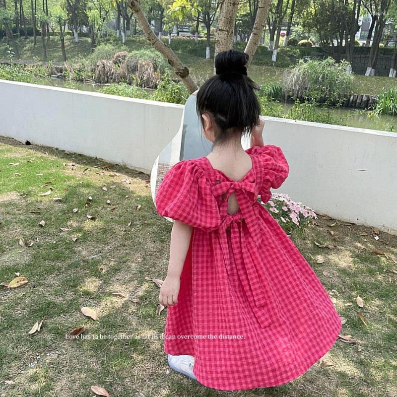 

Girl Dresses Children Clothes Girls Bubble Sleeve Dress Little Summer Foreign Style Bow Backless Children's Princess Skirt, Rose red