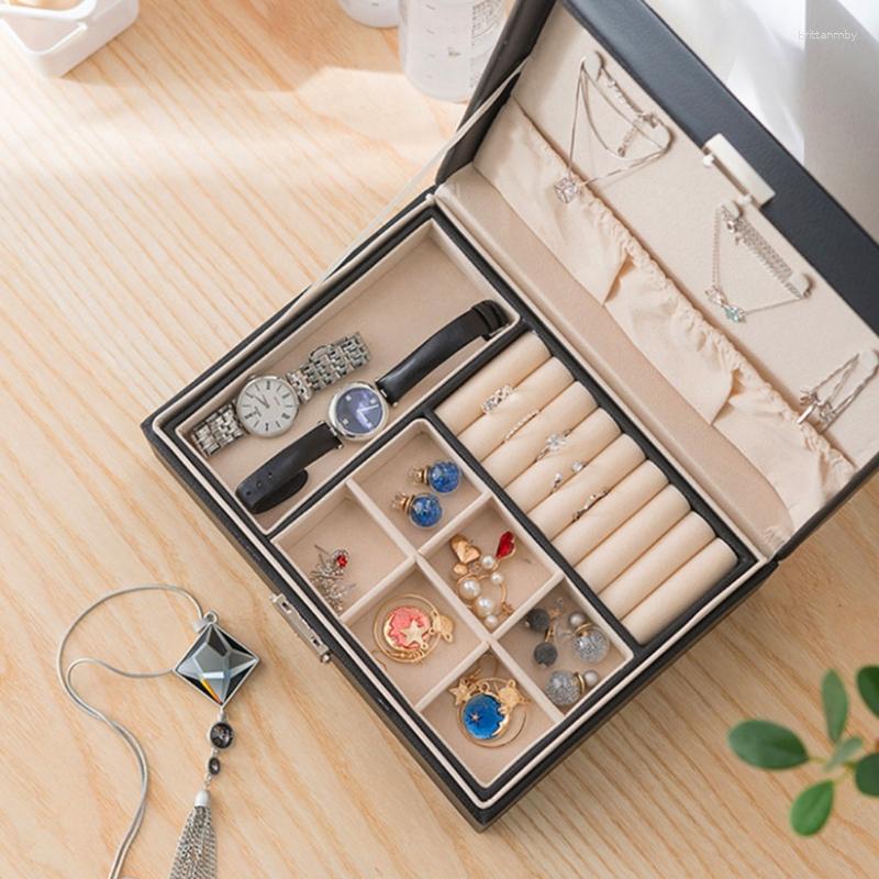 

Jewelry Pouches 634D Leather Double Layer Box With Wooden Frame Women Cosmetics Storage For Rings Necklace Earrings Bracelets