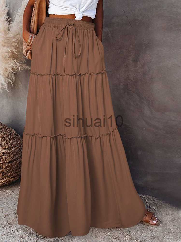 

Skirts Fashion High Waist Long Solid A-Line Skirt Women Casual Beach Faldas Female Boho Elastic Waist Holiday Party Maxi Skirt J230621, Lake blue