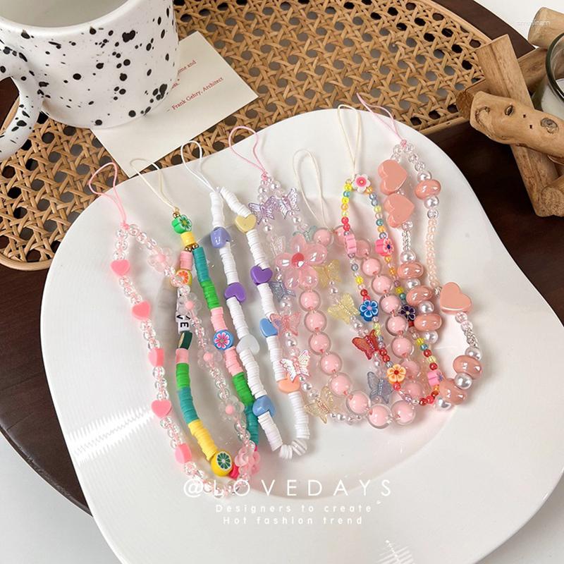 

Keychains Pink Heart Women Key Strap Butterfly Mobile Phone Chain Acrylic Pearl Beads Chic Girls Handmade Jewelry 2023
