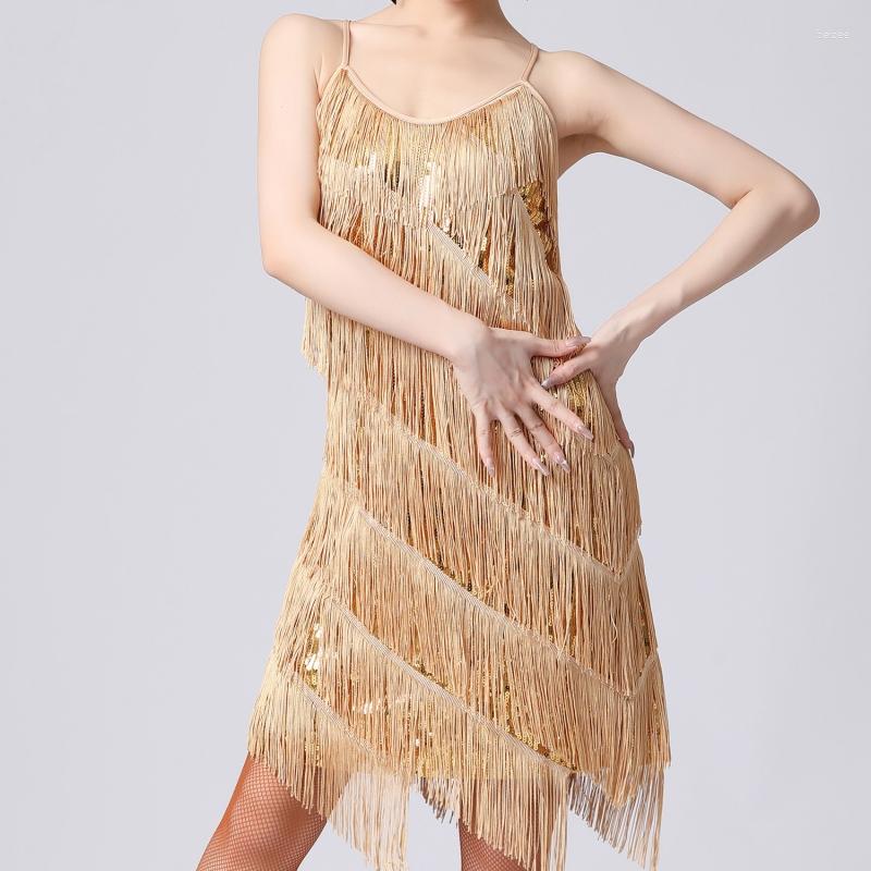 

Stage Wear 2023 Women Sexy Tassel Latin Dress Tiered Fringe Flapper Evening Nightclub Dancing Fancy Costumes C-Neck Sequin, Ablack