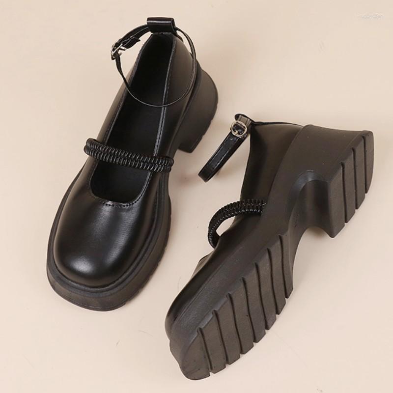 

Dress Shoes Chunky Mid Heels Mary Jane Women Platform Sandals Buckle Shallow Lolita Slipper Pumps Rome Mujer Zapatos Summer, Black