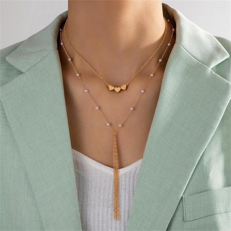 

Pendant Necklaces Vintage Baroque Artificial Pearl Chain Tassel Gold Color Heart Necklace For Women Female Fashion Boho Multilevel Jewelry