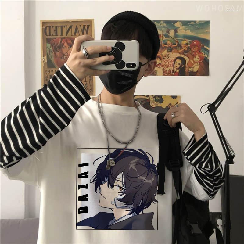 

Men's T Shirts Kawaii Bungo Stray Dogs Japanese Anime Long Sleeve Tees Harajuku Osamu Dazai Cool Graphic Summer Oversize Fake Two Pieces, Cc