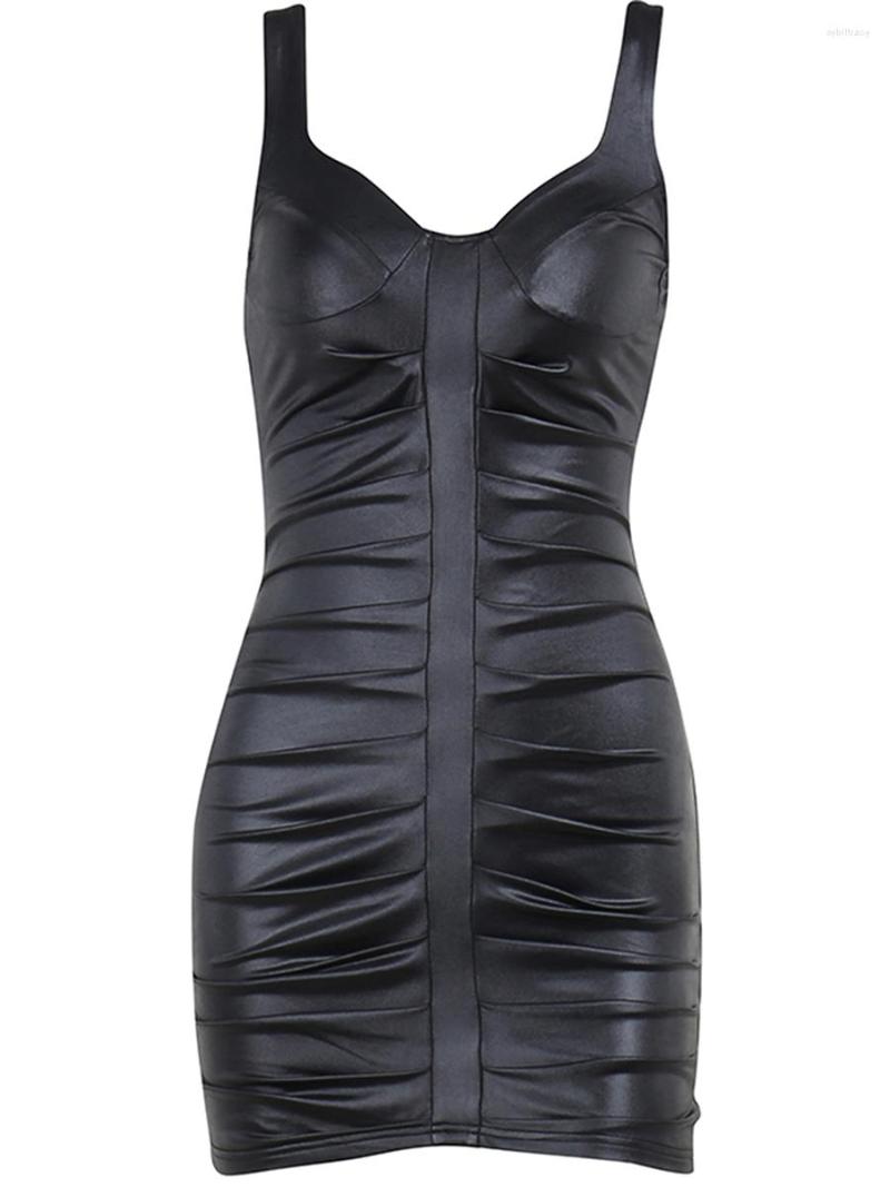 

Casual Dresses Women' Ruched Bodycon Mini Dress Sleeveless Low Cut Solid Color PU Leather Club, Black