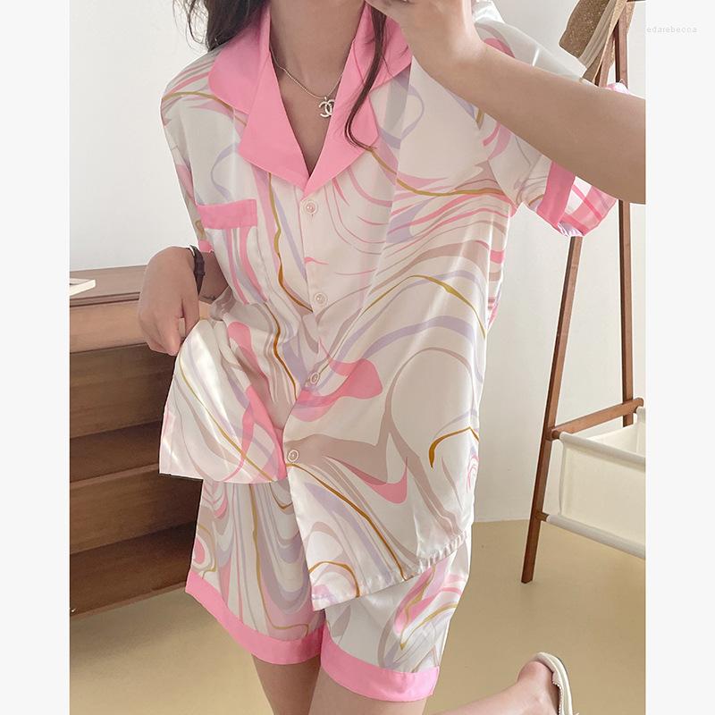 

Women's Sleepwear Cute Print Silk Summer Pajamas With Shorts Ladies Loungewear Pijamas Verano Mujer Pyjama Femme Satin 2023 Night Wears, Blue