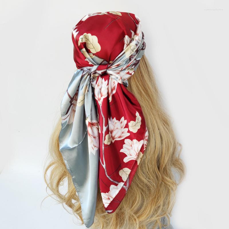 

Scarves Spring And Autumn Female Satin Scarf Big Square Hijabs Printed Women Polyester Silk Shawl 90 90cm