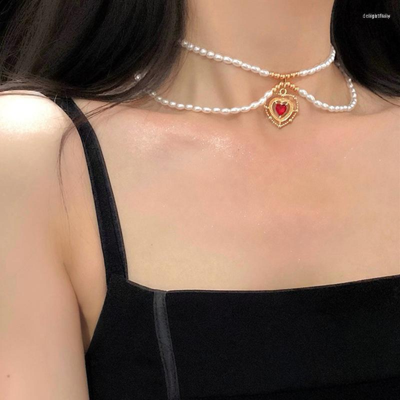 

Choker Kpop French Vintage Double Layers Imitation Pearls Heart Short Chain Necklace For Women Party Aesthetic Jewellery
