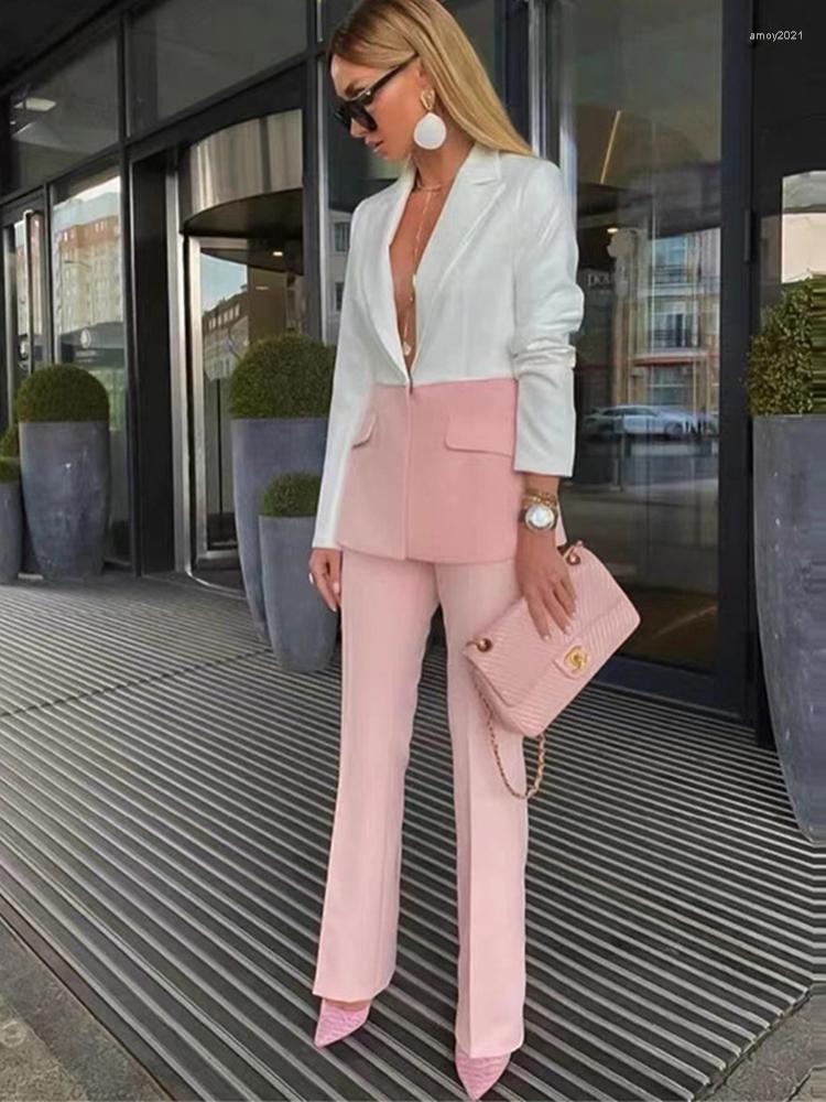 

Women' Two Piece Pants Color Block 2 Sets Womens Pink Set Blazer And Pant Suits Elegant Sexy Evening Party Club Outfit 2023 Fall Winter