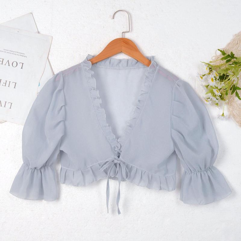 

Women's Jackets Womens 3/4 Sleeve See-though Adorable Frilly Chiffon Cardigan Semi See Through Bolero Shrug Lace-up Crop Top Cove Ups, Blue