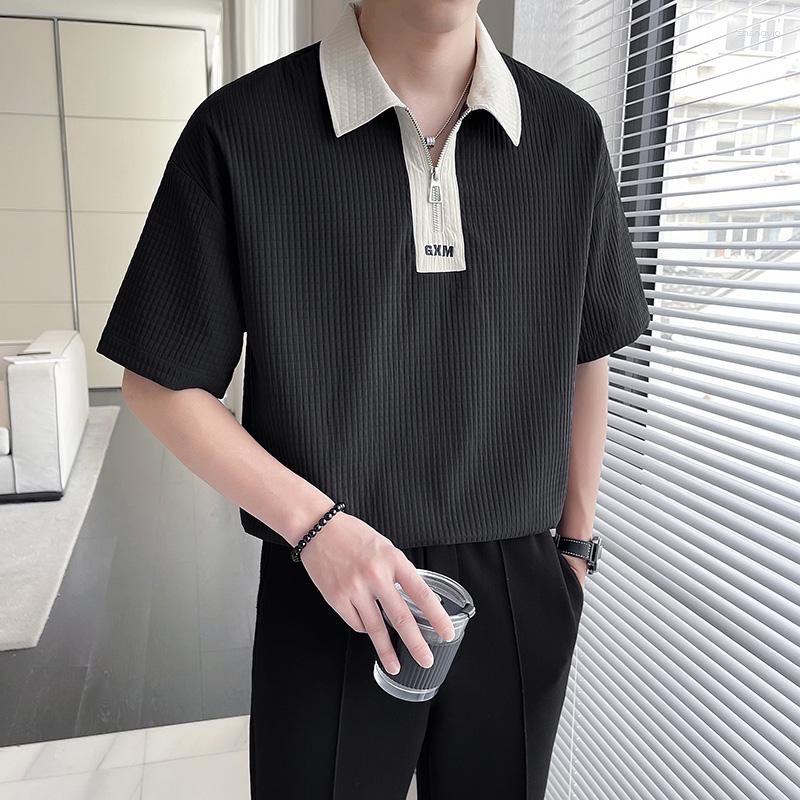 

Men's T Shirts Legible Summer Casual Men Solid Loose Short Sleeve T-shirt Male Turn Down Collar Tee Man, Black