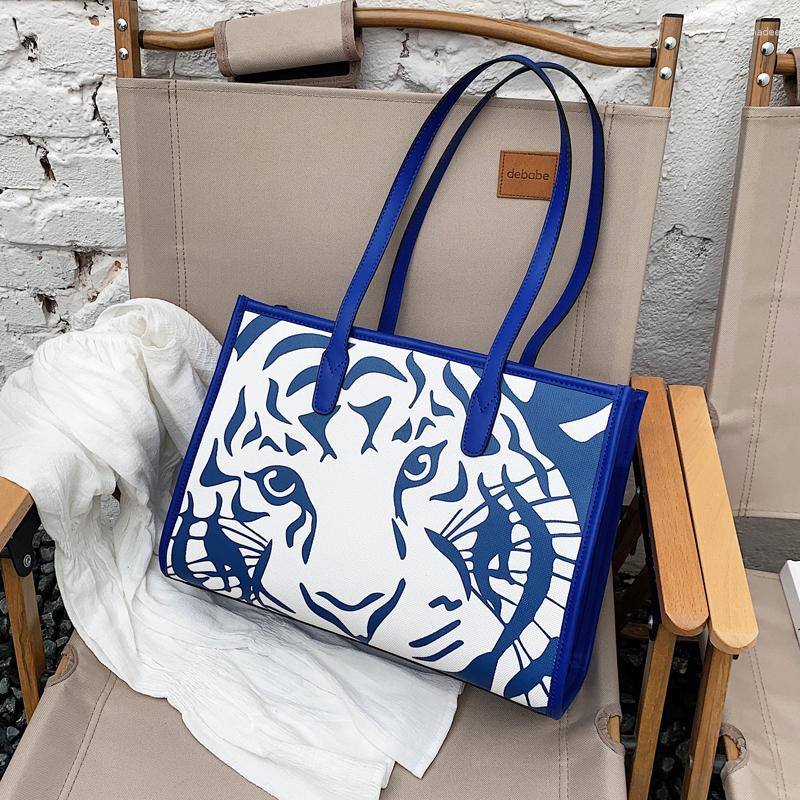 

Evening Bags Fashion Large Women's Bag 2023 Trend Commuter For Women Satchel Luxury Designer Tote Tiger Printing Shoulder, Blue