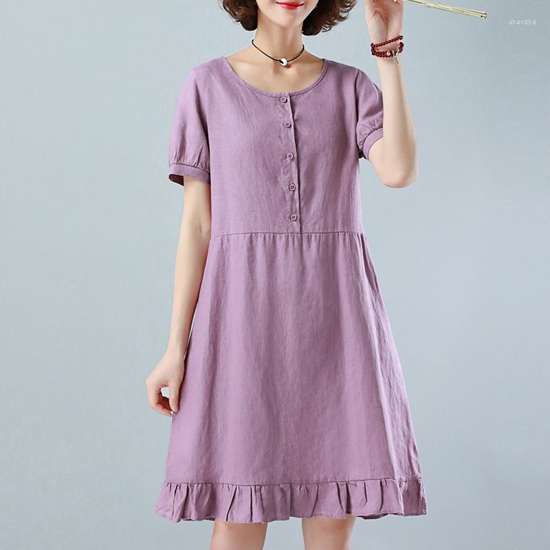 

Party Dresses 2023 Summer Solid Color Linen Pockets A-Line Dress Women Casual Cotton And O-Neck Short Sleeve Women's, Green