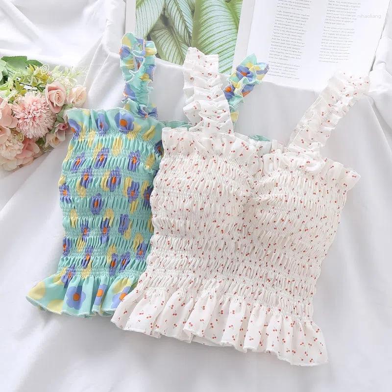 

Women' Tanks Floral Print Folds Edible Tree Bohemian Sleeveless Women' Vest Camisole Korean Fashion Female Blouses Top 2023, Green