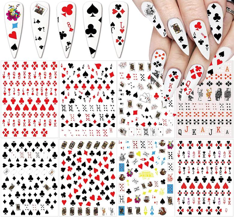 

Poker Nail Art Sticker Decals 3D Fashion Playing Cards Designer Red Heart Diamond Spades Geometric Letter Stickers3023396, Black