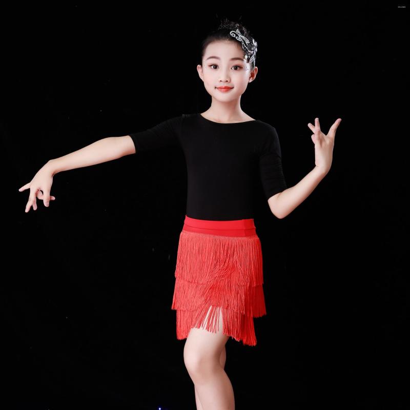 

Stage Wear Children Latin Dance Dress Performance Competition Clothes Spring Summer Girls Tassel Practice Clothing 2pcs Skirts Suit, Black