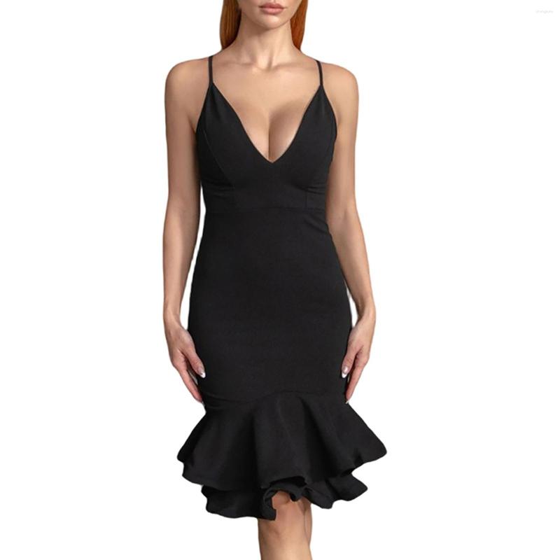 

Casual Dresses Wrapped Hip Fishtail Party Clothing Summer Women Spaghetti Strap Sexy Dress Deep V-Neck Temperament Chic Vestidos, Black