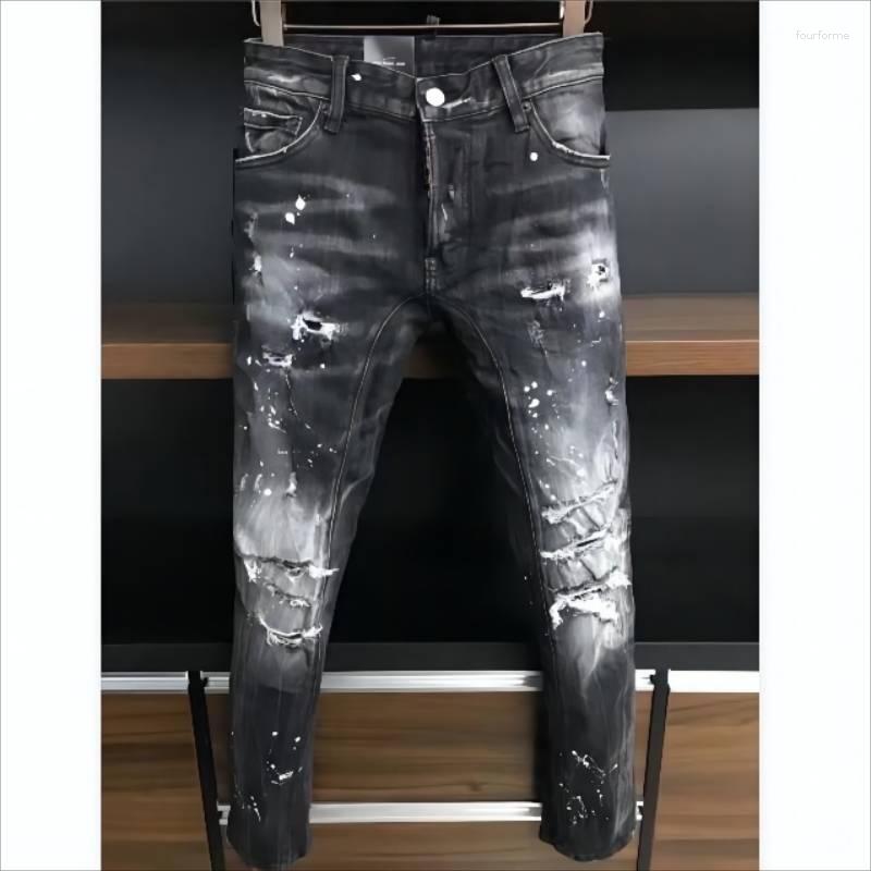 

Men's Jeans 2023 Men's Fashion High Street Denim Fabric Pants Trendy Casual Hole Spray Painted A379