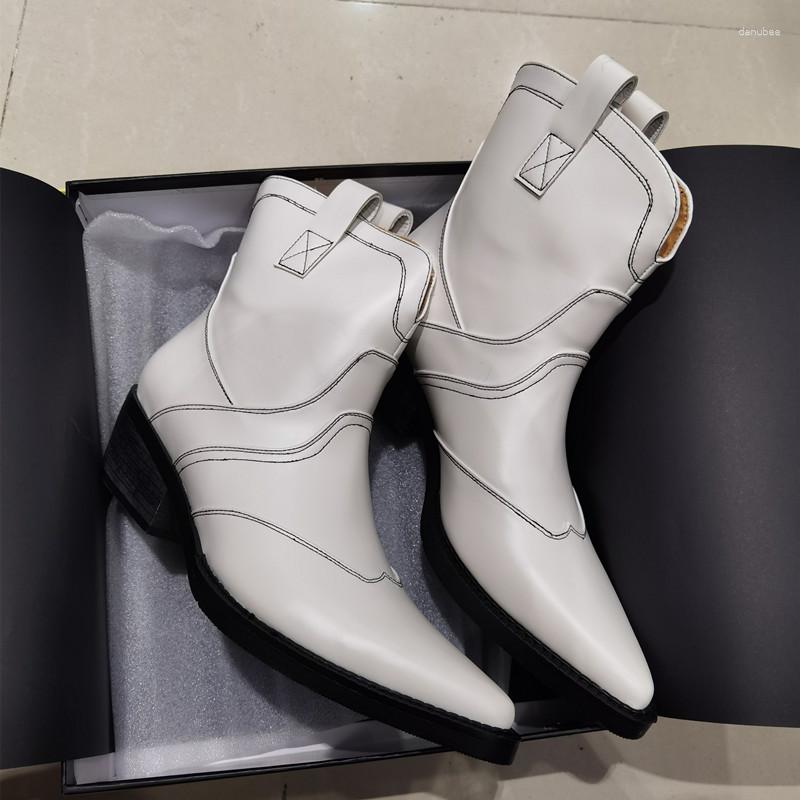 

Boots Genuine Leather Solid Ankle For Women Chunky Heel Platform Lady Slip On Retro Shoes Pointed Toe Sewing Botas Mujer, Black