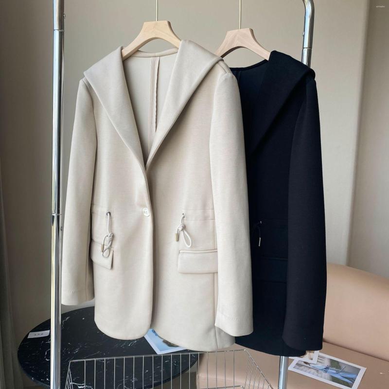 

Women' Jackets Women' Waist Drawstring Solid Color Hooded Jacket 2023 Spring Ladies Single Button Long-Sleeved Blazer Cotton Coat, Beige