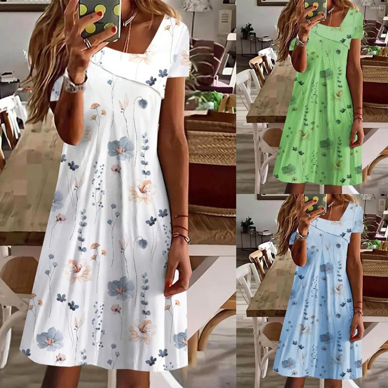 

Casual Dresses Summer Floral Printed Long Skirt Women' Square Collar Loose Dress Pullover Short Sleeve Vintage Ethnic Bohemian Sundress, Blue