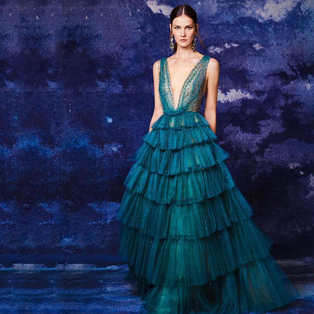 

Sexy Ruffles Tiere Evening Dresses Deep V Neck Ball Gown Prom Gown Bead Layere Tulle Womens vestido de novia, Chocolate