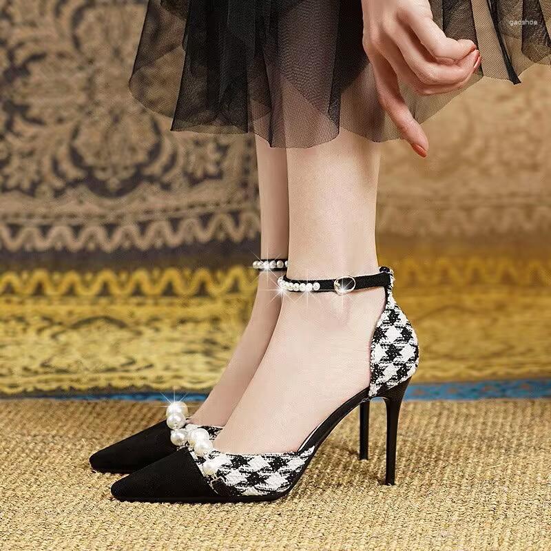 

Dress Shoes Women's Black Thousand Bird Checker High Heels Pointed Pearl French Slim, 8cm