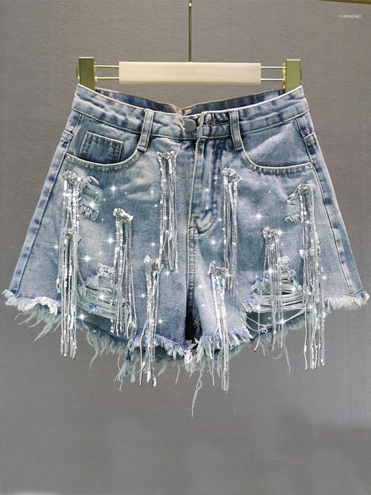 

Women' Jeans Sequin Fringed Denim Shorts 2023 European Streetwear Style Loose High Waist Ripped Short Feminino Pants, Blue