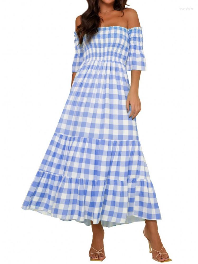 

Casual Dresses Strapless Plaid Backless Off Shoulder Dress Women Spring Summer Ins Fashion Half Sleeve Long Femme Robe Midi Vestidos Sexy, Blue