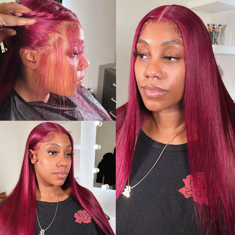 

New Product Burgundy Red 13x4 HD Lace Front Human Hair Wigs 99J Colored Straight Lace Frontal Glueless Wig for Women 26 Inch Cheap