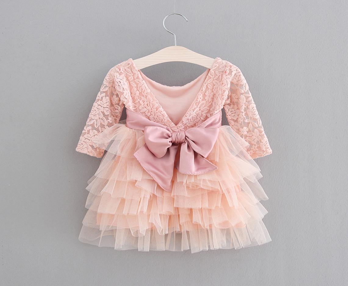 

Fashion Girls princess dress children lace long sleeve tulle tutu dresses kids back Vneck bows belt party clothes A05172456932, Pink