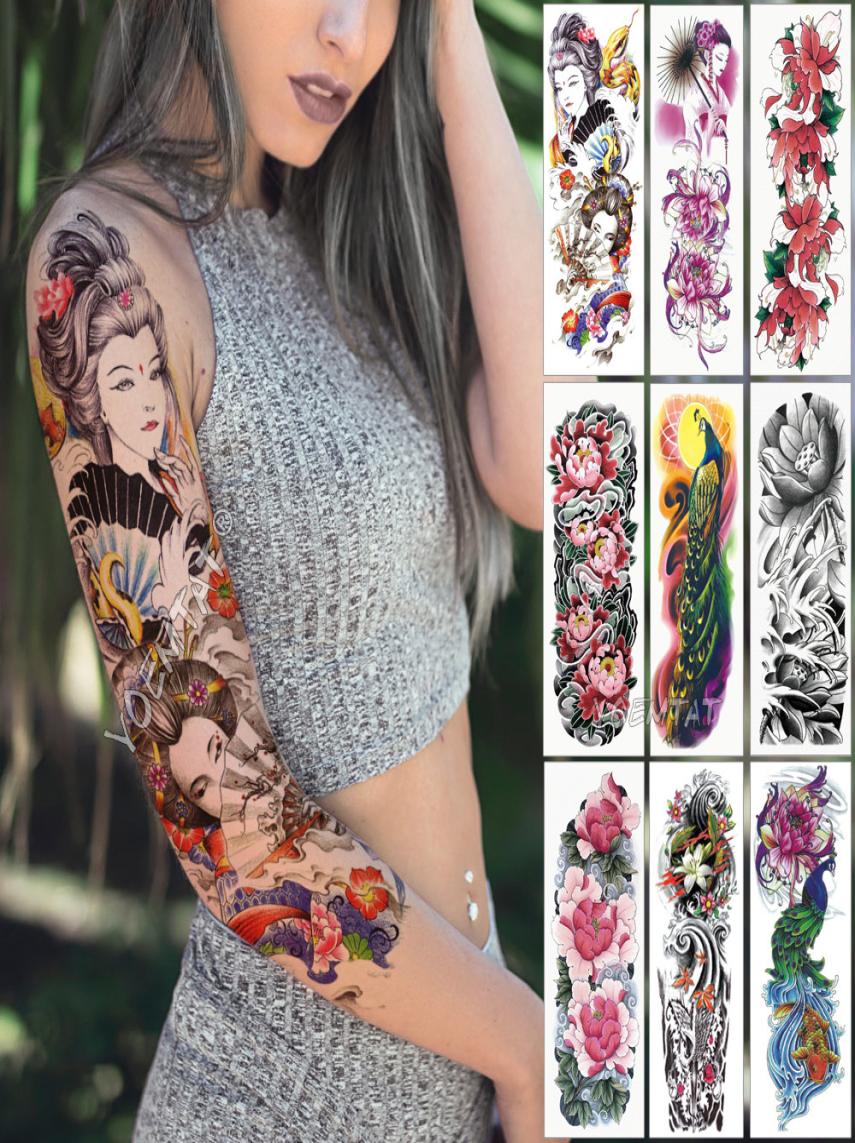 

Large Arm Sleeve Tattoo Japanese Geisha Snake Waterproof Temporary Tatto Sticker Lotus Peacock Girl Tatoo Body Art Women6126671