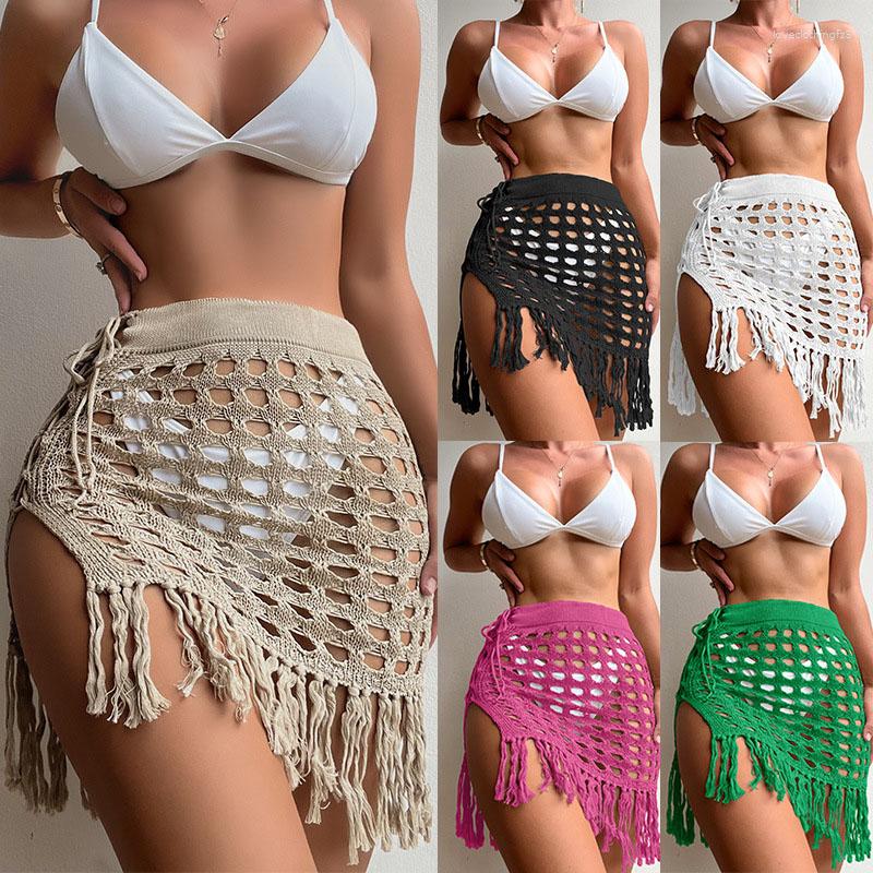 

Women' Swimwear 2023 Women' Fashion Summer Sexy Hollow Knit Skirt See-through Slit Tassel Beach Blouse, White