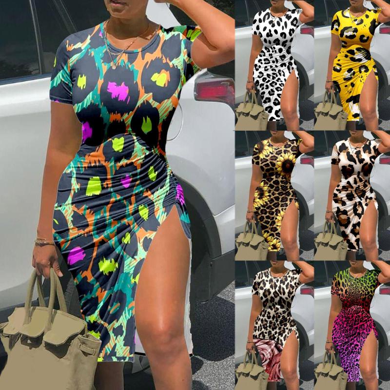 

Casual Dresses Women Summer Fashion Tight Drawstring Slit Colorful Leopard Rose Print Dress Slip Midi, Yellow